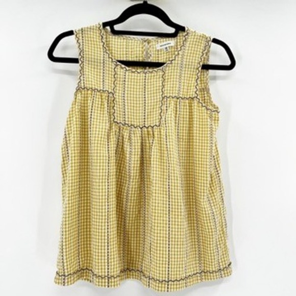 Max Studio Yellow Gingham Sleeveless Babydoll Blouse Embroidered Square Neck XS - Picture 2 of 5
